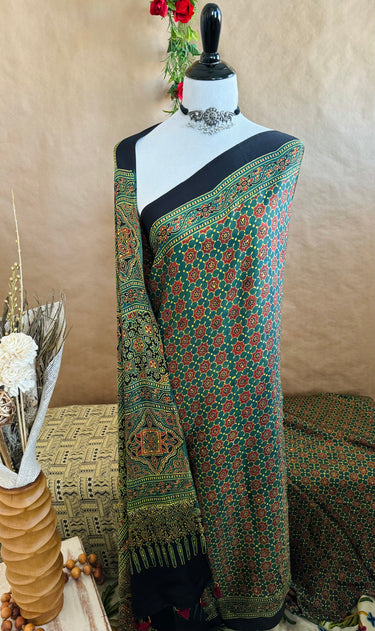 Ajrakh hand block printed modal silk saree | Dark Green | Ships from California